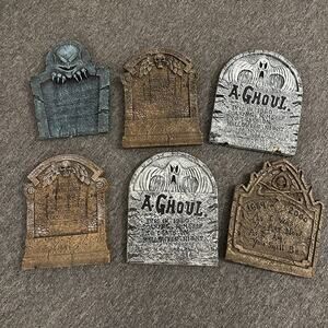 Lot Of Six Blow Mold Cemetery Halloween Grave Markers Tombstones Ghost Skull